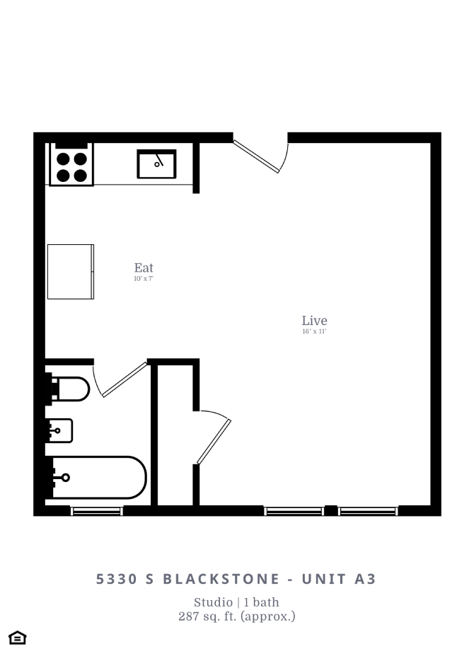 Floor plan for studio, 1 bath, 290 sqft